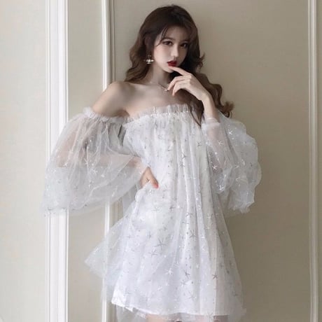 ワンピース❤韓国ドレス　星柄スパンコールオフショルセクシー可愛いミニワンピ hdfks962372