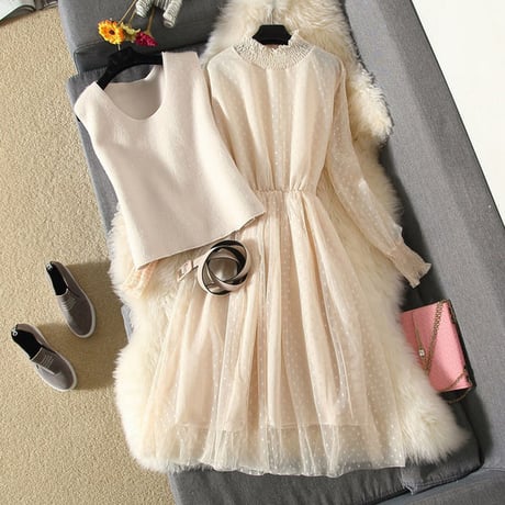 ワンピース❤韓国ドレス　ドット可愛いシフォンドレスにベストのついた、可愛いフェミニンガーリーワンピ hdfks961812