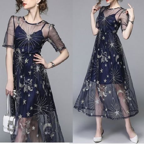 ワンピース❤星柄のスパンコールが素敵なシースルーなお呼ばれ韓国ドレス hdfks961623