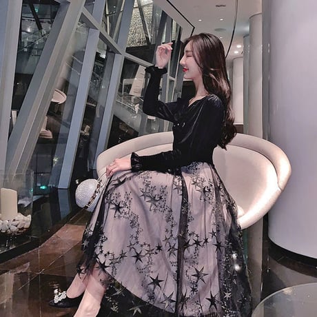 ワンピース❤韓国ドレス　可愛い星柄チュールスカートにお嬢様のようなガーリーなトップのフレアワンピ hdfks962083
