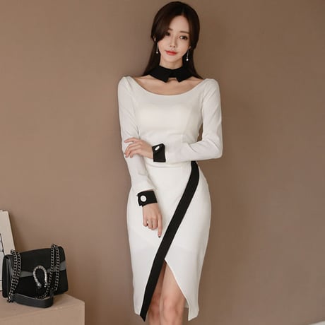 ワンピース❤韓国ドレス　バイカラー、襟や袖先がとっても個性的なタイトドレス hdfks961911