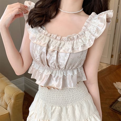 Flower print frill blouse＆lace line camidress（No.050565）【ivory】