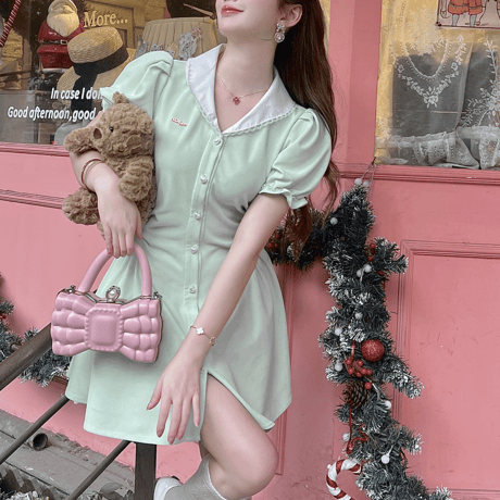 Spring puff sleeve flare dress（No.050337）【mint】