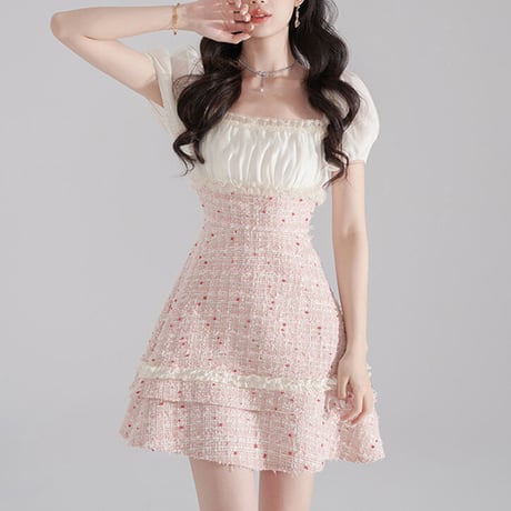 Strawberry milk tweed docking dress（No.050452）