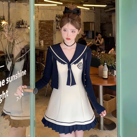 Sailor collar frill point dress & slim knit cardigan（No.050811）【white】