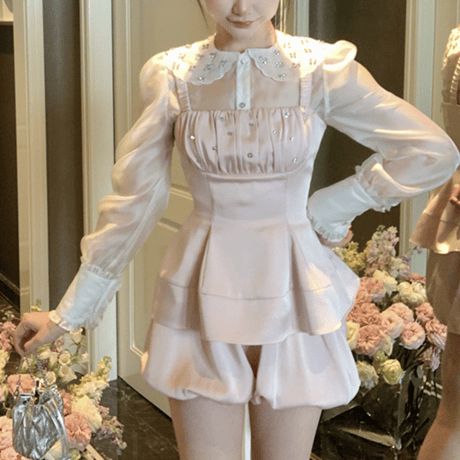 一部即納♡Baby pink satin bijou setup & bijou blouse（No.050413）