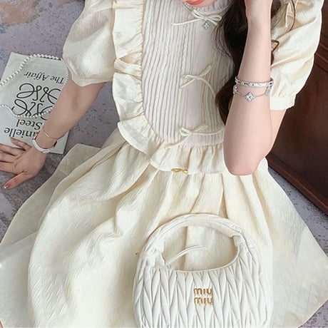 Dolly frill ribbon puff sleeve dress（No.050443）【cream】