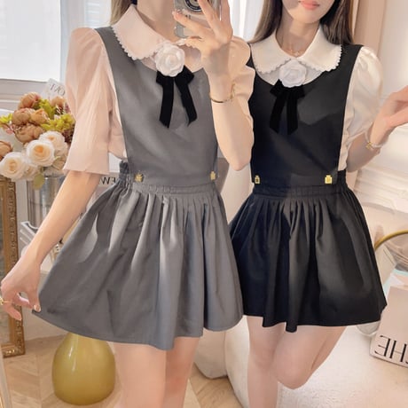 一部即納♡3way apron dress ＆ camellia blouse setup （No.050428）【gray】