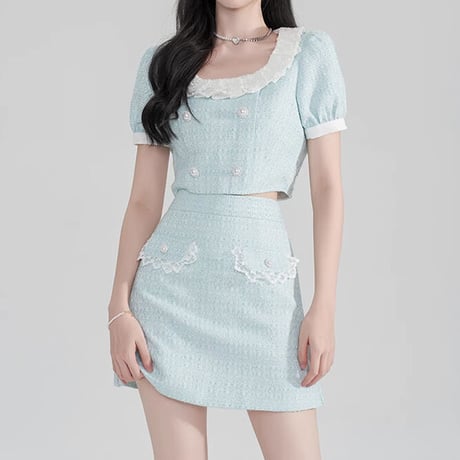 Mint blue pearl button frill tweed setup（No.050708）