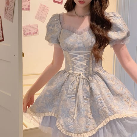 Princess lace-up jacquard dress（No.050572）【blue】