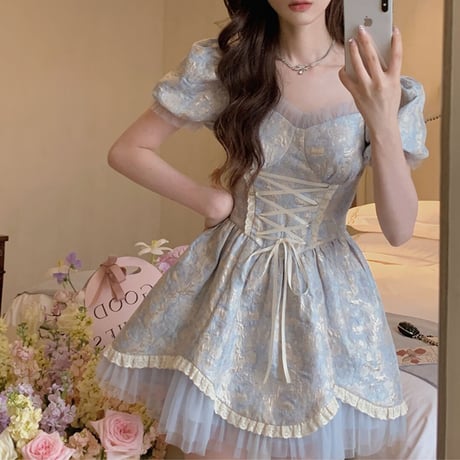Princess lace-up jacquard dress（No.050572）【blue】