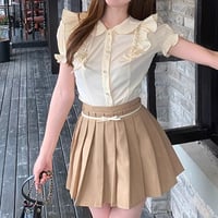 Milk tea bijou line frill blouse ＆ ribbon pleats skirt（No.050725）