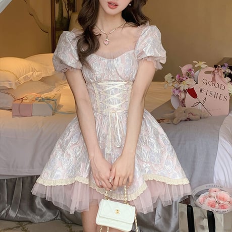 Princess lace-up jacquard dress（No.050572）【pink】