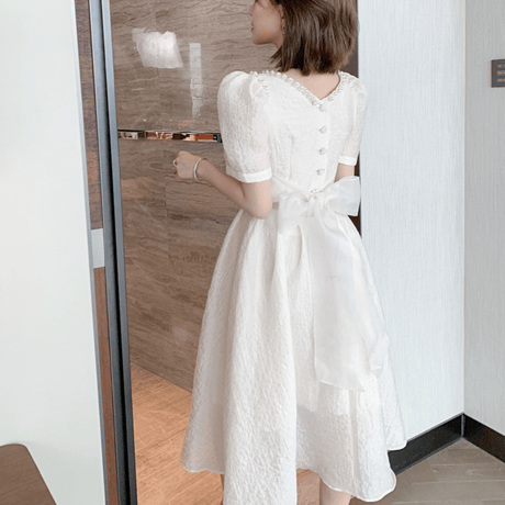 Creamy back ribbon long dress（No.040704）