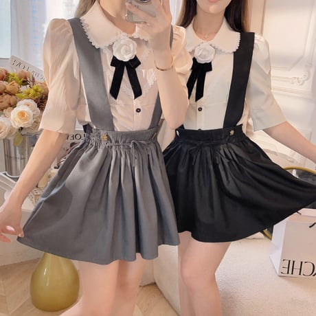 一部即納♡3way apron dress ＆ camellia blouse setup （No.050428）【gray】