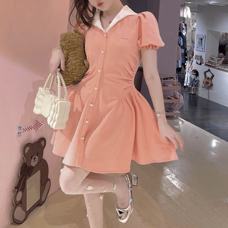 Spring puff sleeve flare dress（No.050337）【pink】