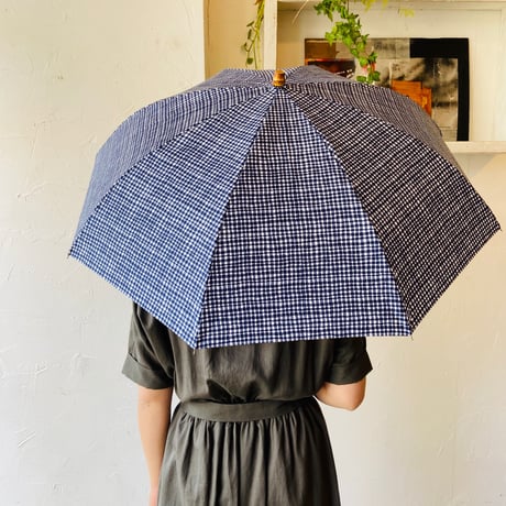 <women>Bon Bon Store(ボンボンストア)　ドローイングチェック　折り畳み傘(晴雨兼用)／ネイビー