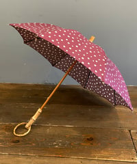 SALE 日焼けあり<women>sur mer(シュールメール)　ドット柄コットンリネン×バンブーハンドル　日傘　長傘 ／ パープル