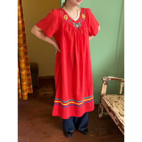 made in USA red embroidery flower dress