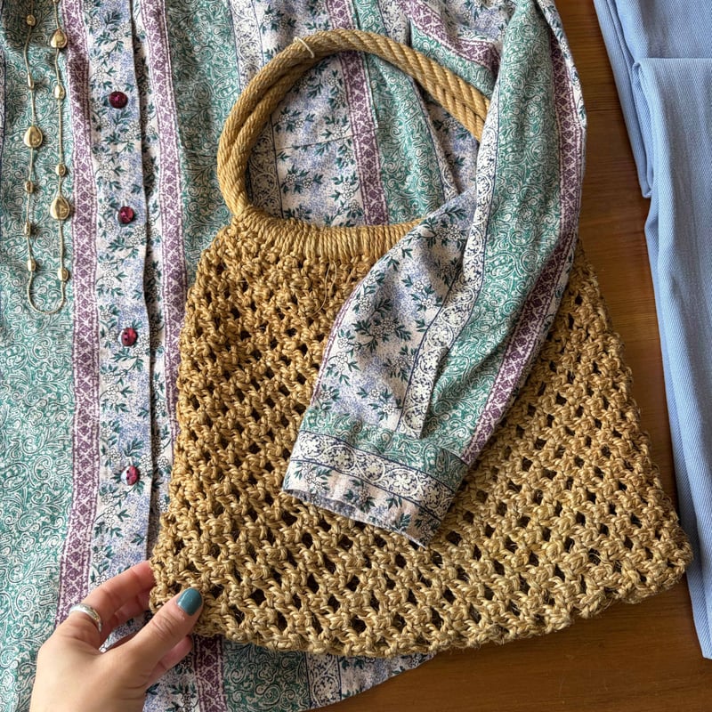 稀少☆50's Straw Bag 50年代 ストローハンドバッグ 50's Straw Bag with Striped Gold Cello Weaving