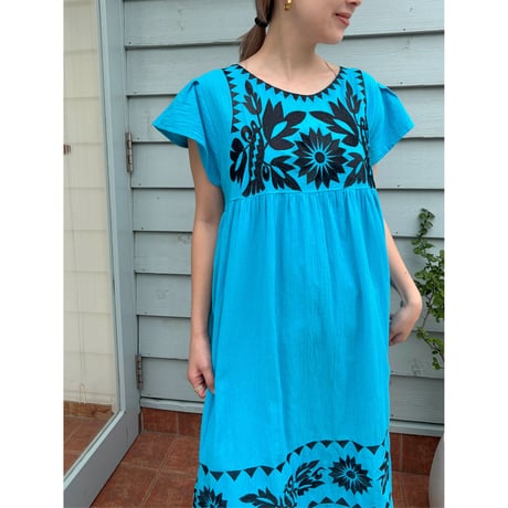 blue embroidery Mexican dress