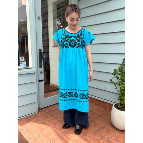 blue embroidery Mexican dress