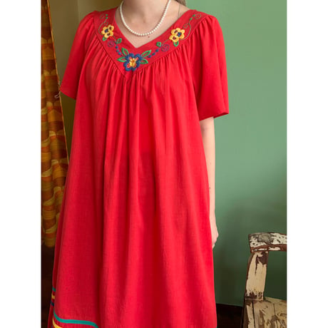 made in USA red embroidery flower dress