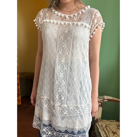 embroidery lace pom pom dress
