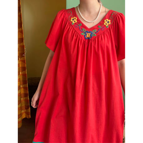 made in USA red embroidery flower dress