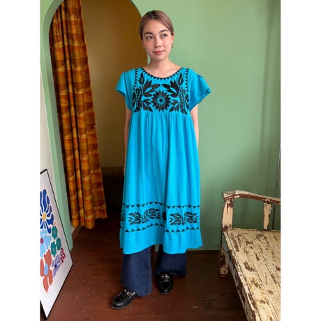 blue embroidery Mexican dress
