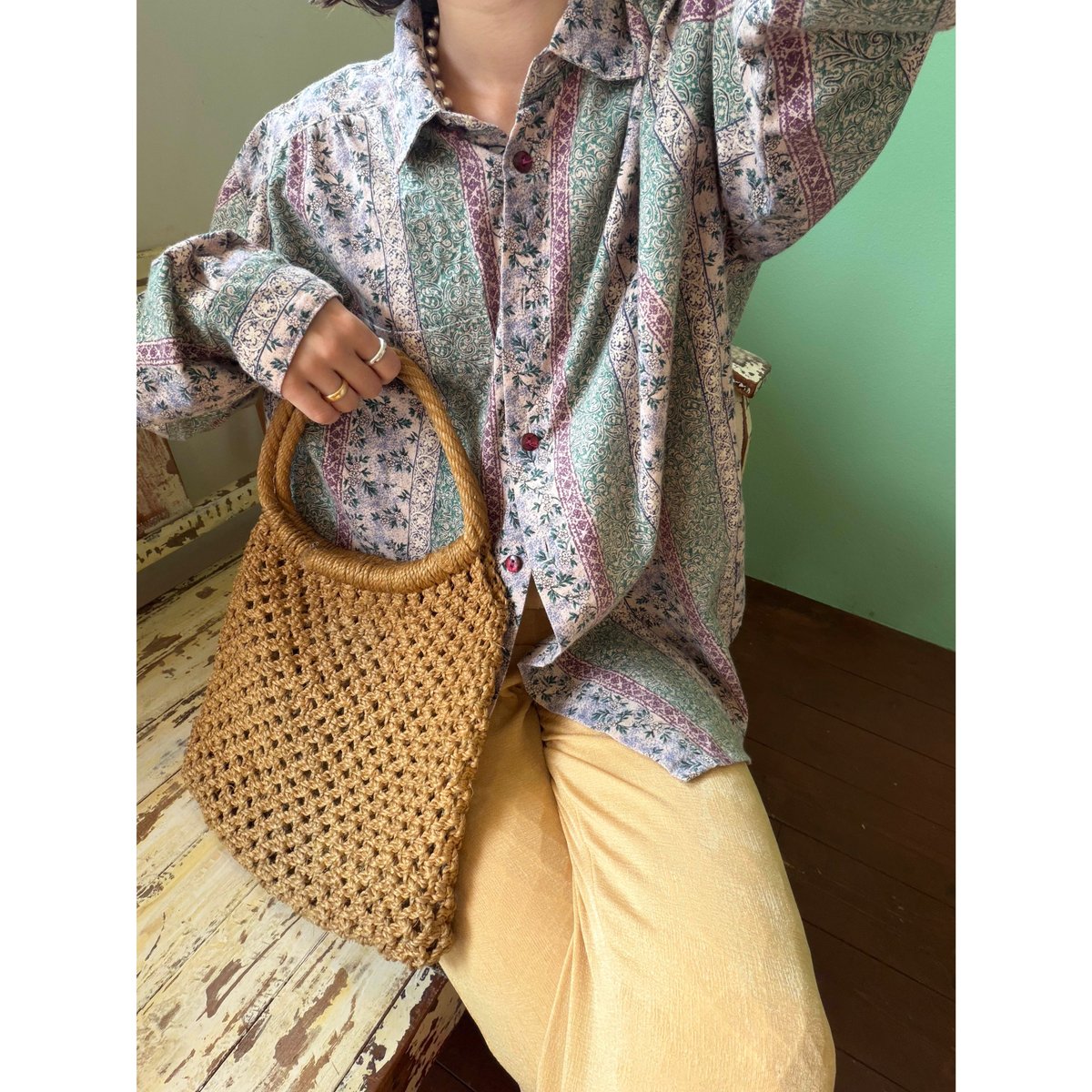 稀少☆50's Straw Bag 50年代 ストローハンドバッグ 50's Straw Bag with Striped Gold Cello Weaving