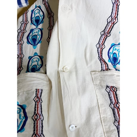 1970s メキシコ 水色刺繍 生成り ナチュラルコットン シャツジャケット【7321】
