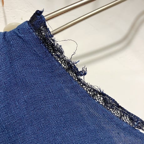1920s French Antique イニシャル刺繍 コットンドレス(navy overdyed) [2502]