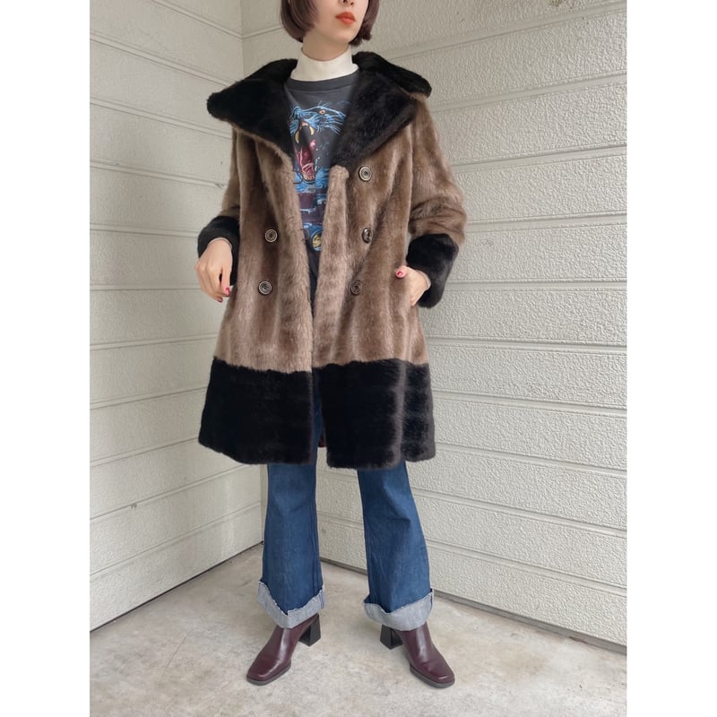 MADE IN ENGLAND VINTAGE フェイクファーコート (BEIGE×BROWN...