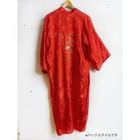 1970s vintage シノワズリ 家 木 花 刺繍 赤 チャイナガウン【7288】