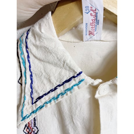 1970s メキシコ 水色刺繍 生成り ナチュラルコットン シャツジャケット【7321】