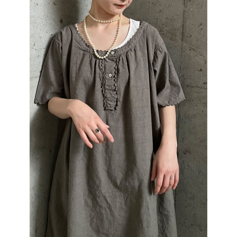 1920's French antique イニシャル刺繍 リネンワンピース (grey ov...