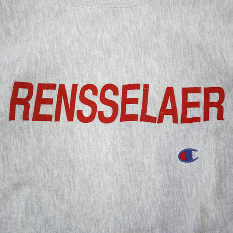 "Rare" 90's CHAMPION RW SWEAT "RENSSELAER" 目刺繍+両面 プリント XLサイズ USA製