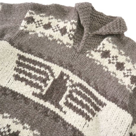 80's～ unknown "Thunderbird" Wool Cowichan Sweater Ivory×Brown