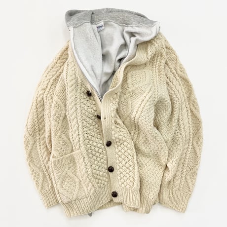 70's～ Wool Aran Cardigan Sweater Ivory 46サイズ