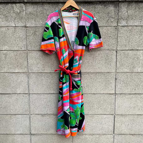 "Women's" ～70's Botio Floral Pattern Pile Gown ITALY製