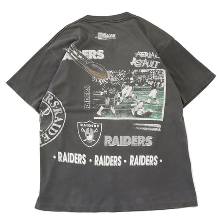 ～90's SALEM "RAIDERS" 両面 マルチ プリント Tシャツ Lサイズ USA製