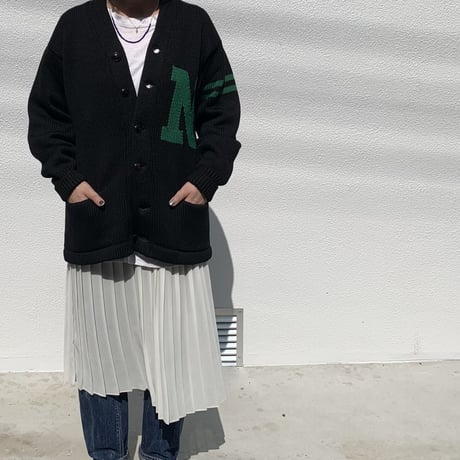 60's～ unknown Wool Lettered Cardigan Black×Green