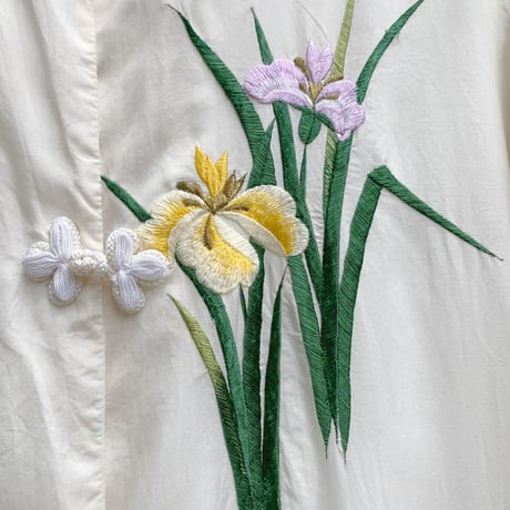 'Unisex' 80's～ "花" スーベニア 刺繍 ロング チャイナ ガウン SILK100% White