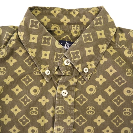90's OLD STUSSY "モノグラム" 総柄 半袖 シャツ Mサイズ USA製