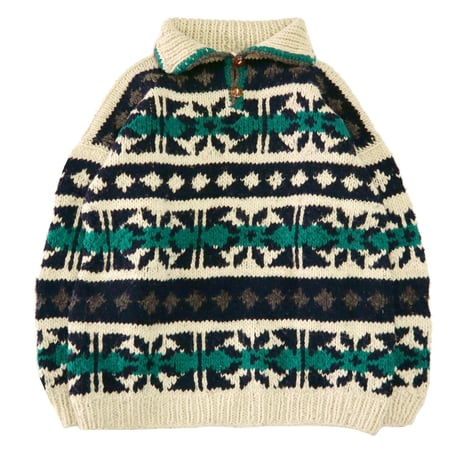 "Good Color" Hand Knit Wool Jacquard Sweater Lサイズ ECUADOR製