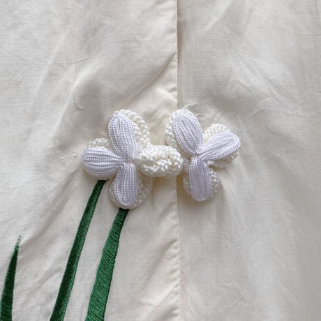 'Unisex' 80's～ "花" スーベニア 刺繍 ロング チャイナ ガウン SILK100% White