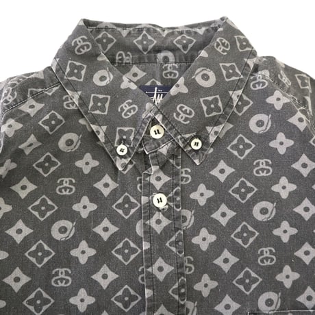 90's OLD STUSSY "モノグラム" 総柄 半袖 シャツ Lサイズ USA製
