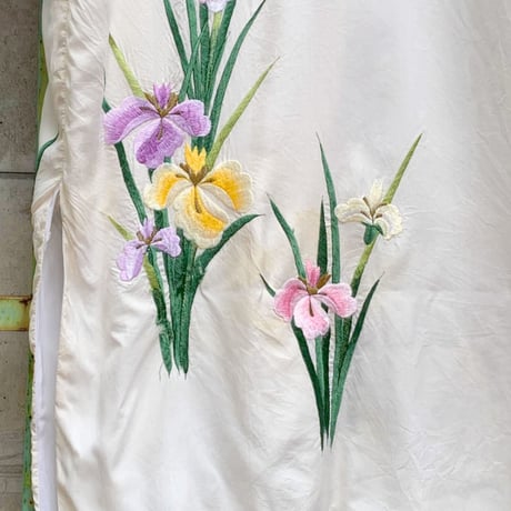 'Unisex' 80's～ "花" スーベニア 刺繍 ロング チャイナ ガウン SILK100% White