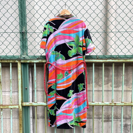 "Women's" ～70's Botio Floral Pattern Pile Gown ITALY製